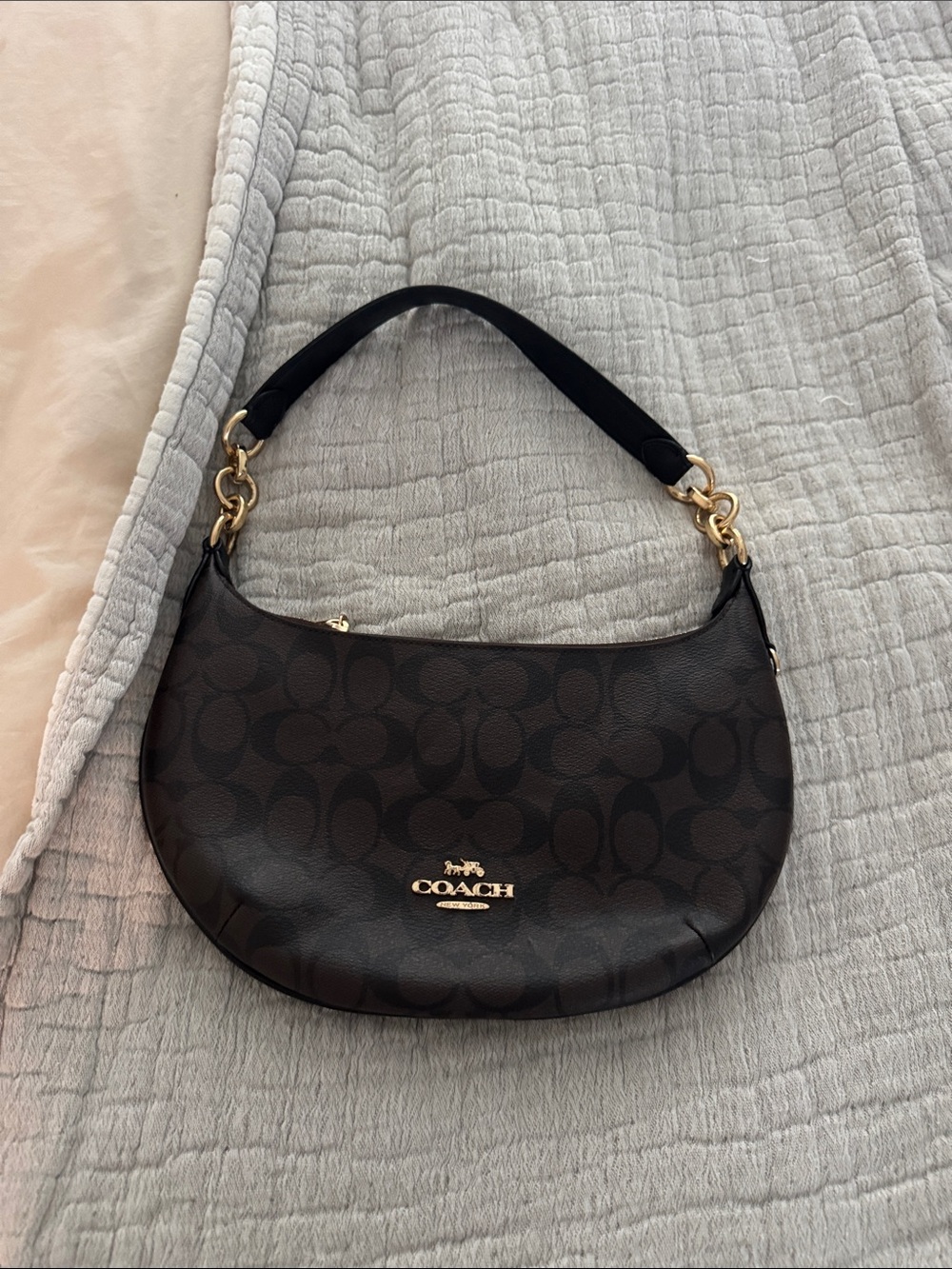 Coach Dark Brown Signature Crescent Shoulder Bag with Gold Hardware
